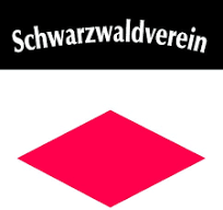 Schwarzwer Hintergrund mit weissem Schriftzug Schwarzwaldverein und darunter eine rote Raute
