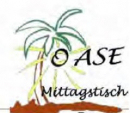Logo OASE-Mittagstisch mit einer Palm auf einer Insel und der Sonne im Hintergrund.